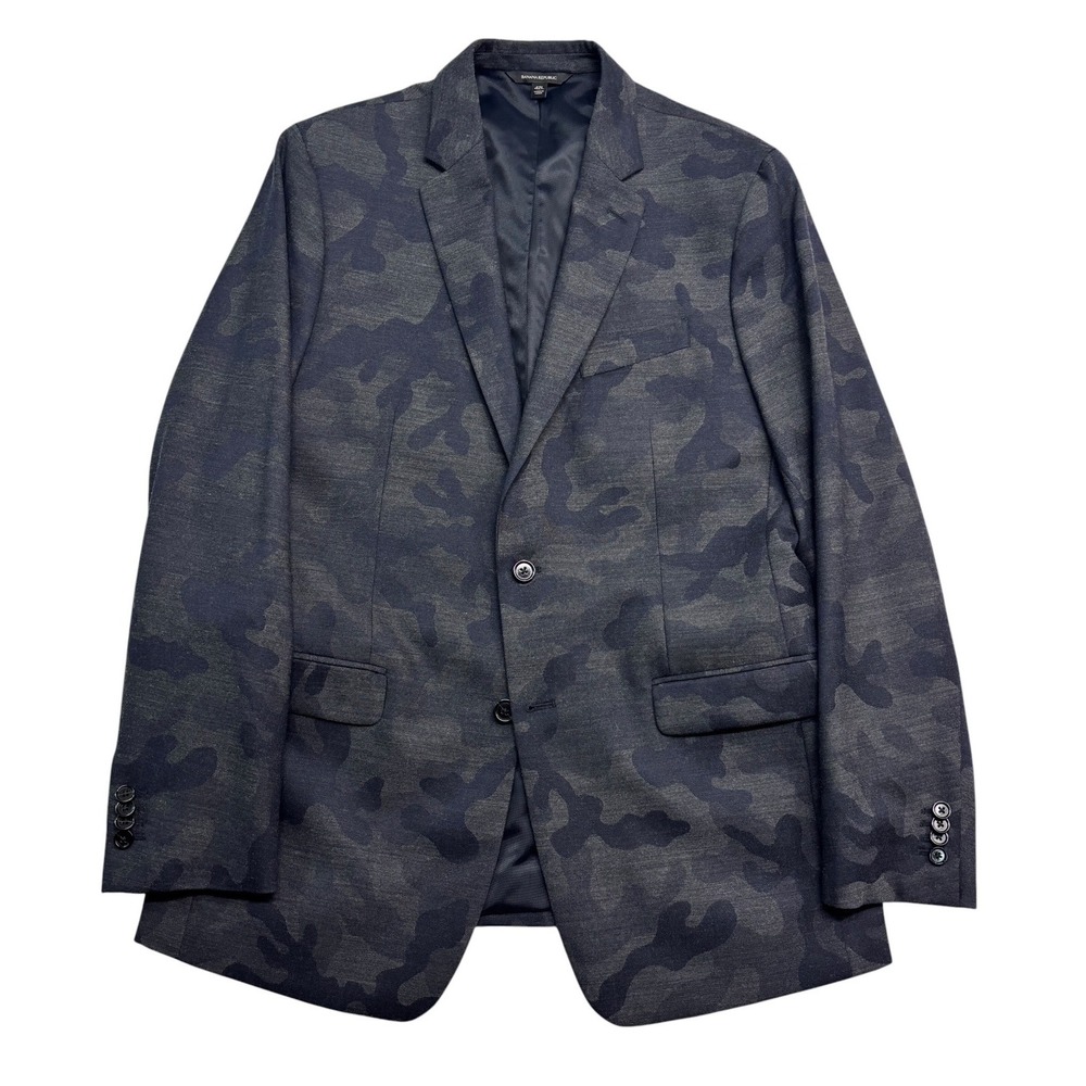 Banana Republic 42L Gray Navy Camo Wool Blazer Jacket Sport Coat Slim Fit Mens